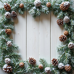 AI generated frame with pine branches  on a wooden background. Winter/Christmas background