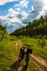Bicycle with fat bike wheels 20 inches standing on a dirt road