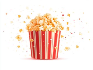 Brightly decorated striped popcorn container filled with fresh buttered popcorn and scattered snack bits