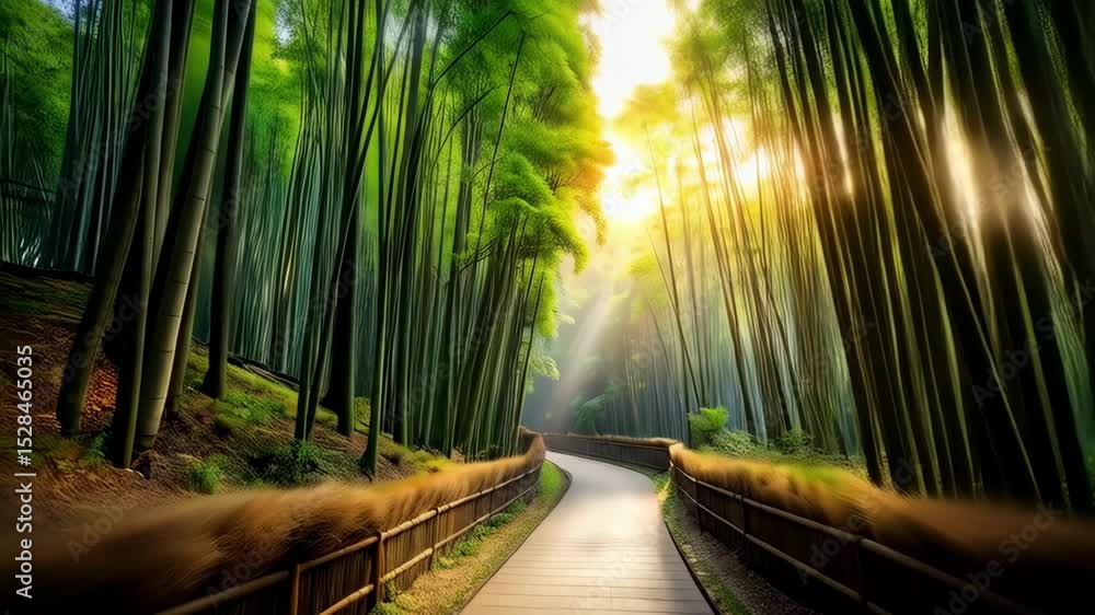 Poster sunlight filtering through a dense bamboo forest illuminating a winding path, creating a serene and 