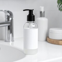 Clear Soap Dispenser with White Label in Modern Bathroom