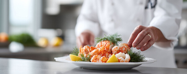 Expert chef arranging a delicious seafood appetizer. Focus on fresh, highquality ingredients. Evokes fine dining, culinary excellence, and healthy eating.