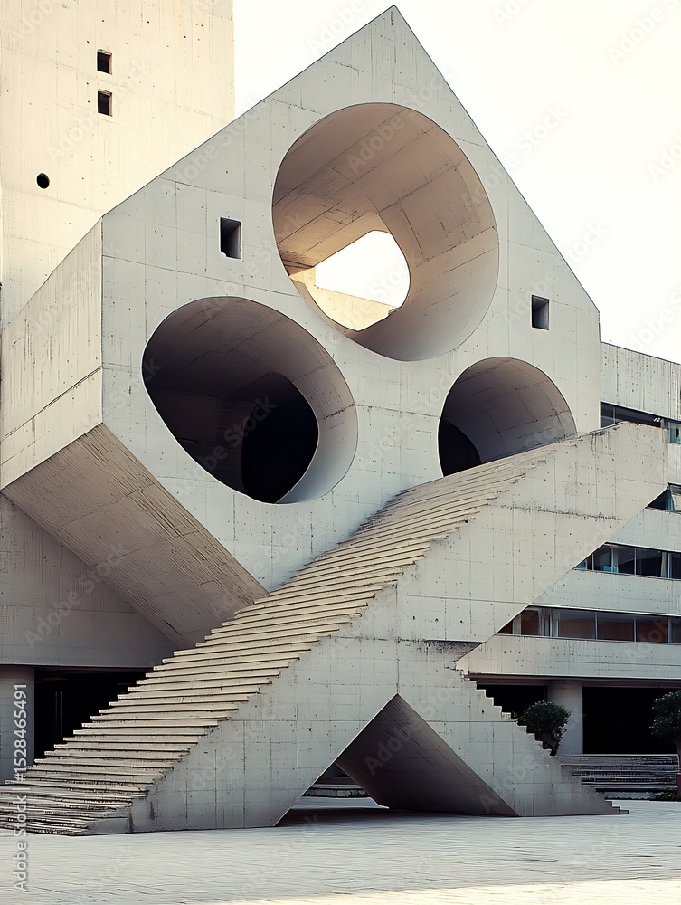 Poster geometric concrete architecture with circular openings and grand staircase