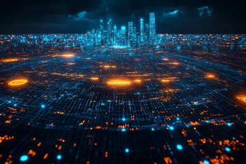 Fototapeta premium Futuristic cityscape with glowing grid, representing data network landscape