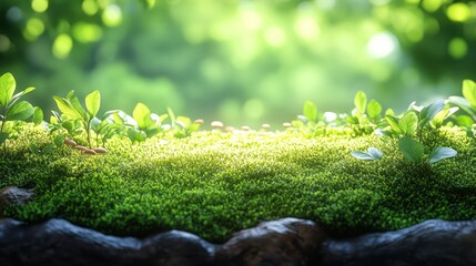 Lush green moss with emerging plants bathed in sunlight