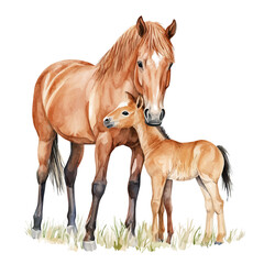 Fototapeta premium A Mother Horse With Her Kid, watercolor vector, high quality, isolated on a white background.