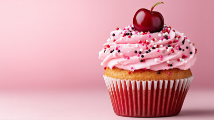 Delicious pink cupcake with cherry and sprinkles on a pink background