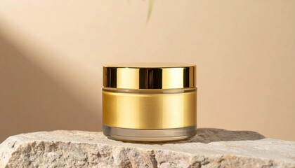 Gold Cosmetic Cream Jar on Beige Stone