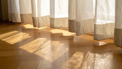 Sunlight Streaming Through Sheer Curtains onto Wooden Floor