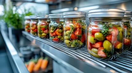 A collection of jars filled with vibrant preserved vegetables sit neatly on a metallic shelf, showcasing the beauty of home canning and natural food preservation techniques.