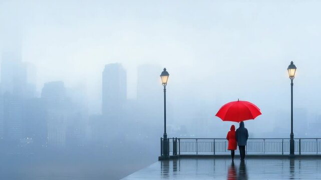 Romantic couple holding red umbrella in foggy cityscape with skyscrapers and lamp posts illuminating the scene
