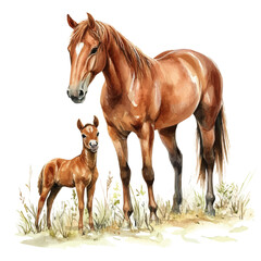 A Mother Horse With Her Kid, watercolor illustration vector, high quality, isolated on a white background. © AMIDCO