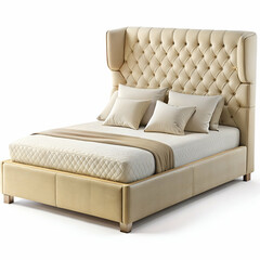 Luxury beige upholstered bed with pillows and mattress