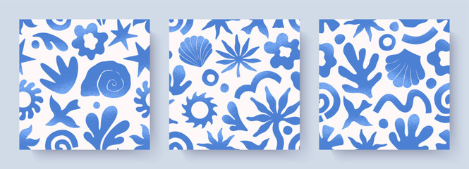 Summer tropical seamless patterns with hand drawn nature organic elements:palm,sun,coral,seashell,bird,wave.Trendy backgrounds for banners,smm,branding,textile,covers,prints.Summer vacation aesthetic