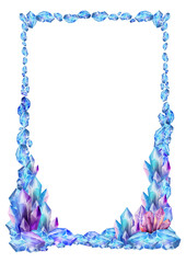 Vertical watercolor frame with glowing blue and violet crystals. Ideal for celebration cards, wedding invitations, or cosmic-themed layouts with gemstone decor.