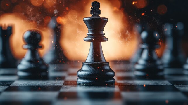 A striking black chess king takes center stage on a chessboard, symbolizing strategy, competition, and deep thought in the world of chess and intellectual pursuits.