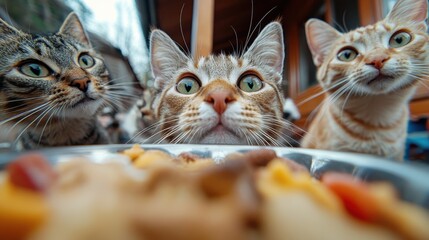 Three curious cats with bright eyes closely observing their food bowl, capturing the playful and inquisitive nature of these beloved furry companions at mealtime.