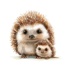 watercolor of A Mother Hedgehog With Her Kid, vector high quality, isolated on a white background.