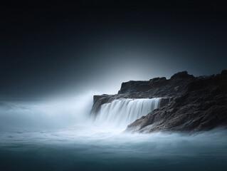 Dramatic seascape. Long exposure captures waves crashing powerfully over rugged, dark rocks. Evokes serenity, power, and the sublime. Use for travel, nature, or conceptual themes.