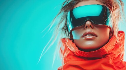 A stylish woman with bold oversized sunglasses and a vibrant orange outfit against a cool blue background, embodying modern fashion trends and a confident attitude.