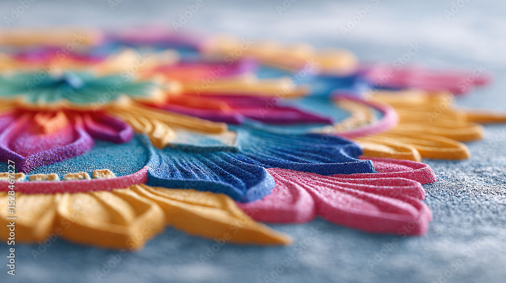 Poster detailed, macro shot of a colorful floral design. artistic pattern with textured petals, creating a 