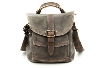 Naklejka premium Vintage styled gray canvas and leather messenger bag isolated on white