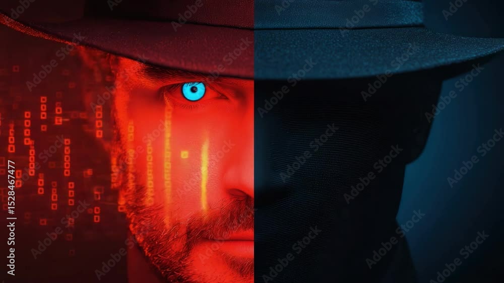 Poster mysterious man with hat and half-face reveal in futuristic cyber technology background with binary c