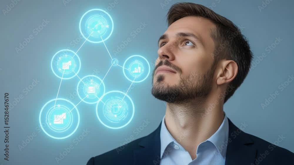 Poster thoughtful man pondering technology and data visualization with futuristic graphics around his head 