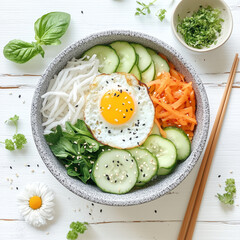 Korean bibimbap in a hot stone bowl with colorful vegetables and egg.