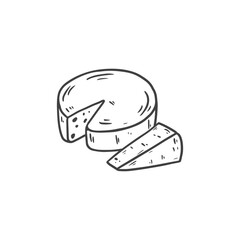 Cheese in sketch style, black and white illustration. Slice of cheese isolated on white. Food Vector illustration
