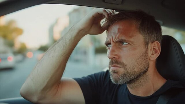 Concerned man driver inside car during daytime glancing sideways thinking