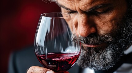 This artistic image showcases a man with a thoughtful expression gazing at a glass of red wine, encapsulating the elegance and depth of flavors in a sophisticated dining atmosphere.