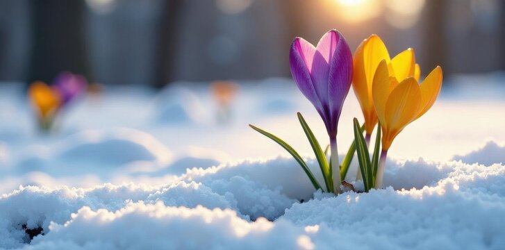 Purple & yellow crocus emerging from melting snow , field, gold - Powered by Adobe