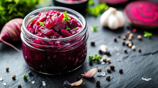 A vibrant jar of freshly prepared beetroot relish, rich in color and texture, surrounded by ingredients that showcase its wholesome and appetizing nature.