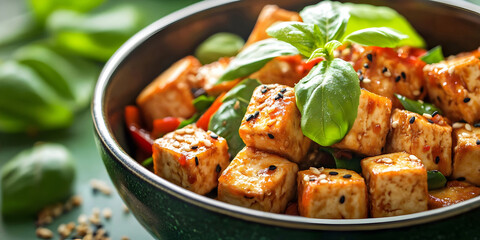 Delicious Tofu Dish with Fresh Basil, ai generated.