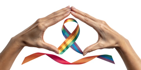 Rainbow ribbon pride hands forming heart isolated on a white background png ai generated