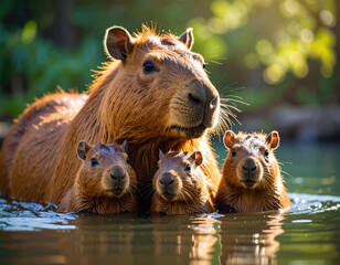 Large capybara shelters her young in tranquil pool of water, showcasing heartwarming moment of family bonding in nature. sunlight filters through trees, creating serene atmosphere
