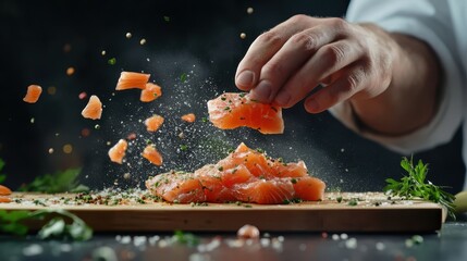 A skilled chef artfully sprinkles fresh ingredients over salmon fillet, emphasizing culinary expertise and creativity in meal preparation in a kitchen setting.