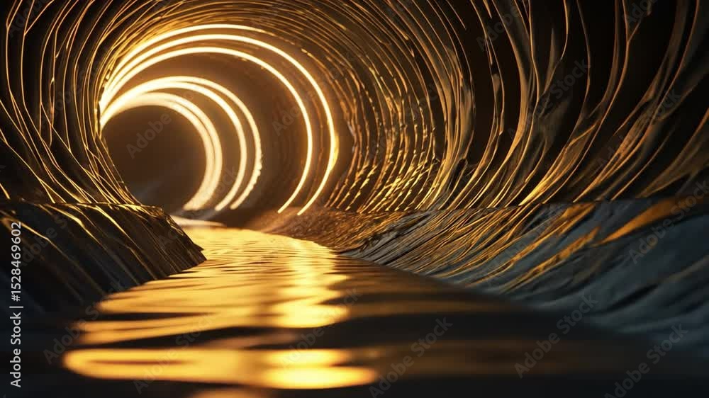 Poster mesmerizing abstract design of tunnel illuminated by swirling lights, with reflective water texture 
