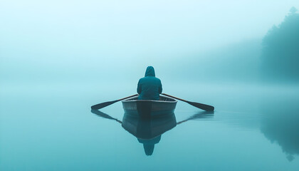 A masked figure rowing through a foggy lake, white background