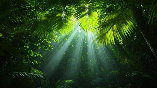 Sunlight Filtering Through Lush Green Foliage in a Dense Tropical Jungle Environment