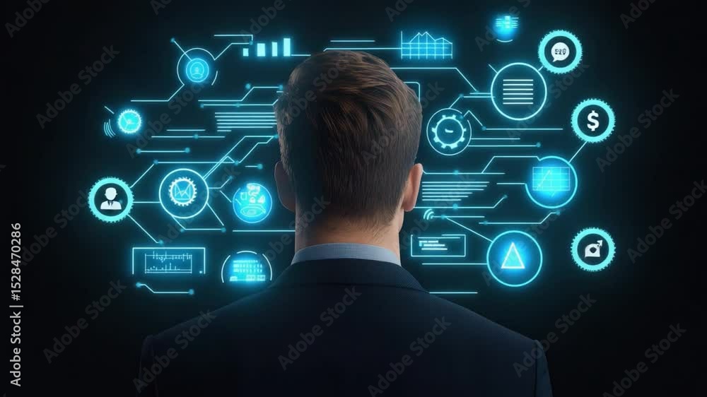 Poster businessman analyzing data visualizations with futuristic technology background in dark environment