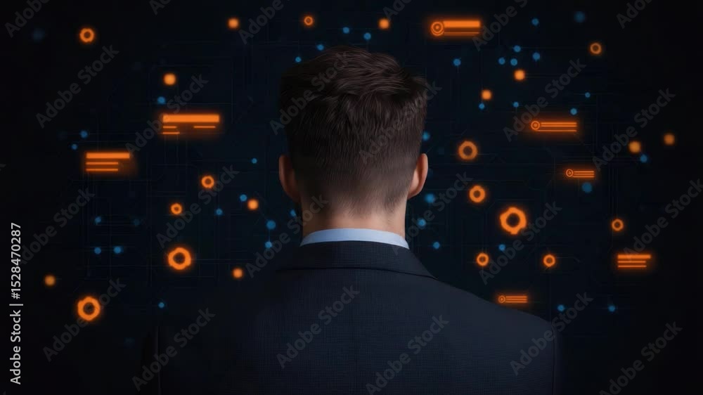 Poster business professional analyzing futuristic data patterns in digital environment with circuit element