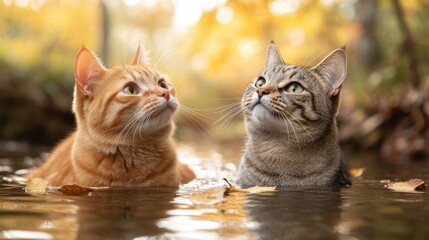 Two playful cats enjoy the serene atmosphere while sitting in shallow water surrounded by autumn leaves, capturing their curious expressions and playful spirits.