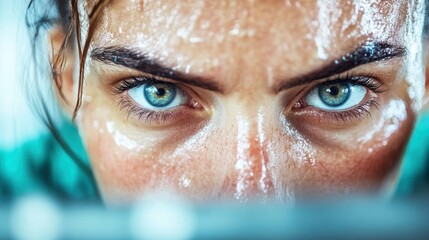A close-up shot of an intense athlete’s face glistening with sweat, reflecting determination and focus during a demanding workout, highlighting the human spirit in sports.