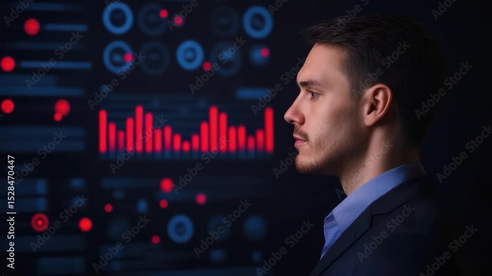 Poster man in business suit analyzing data visualizations with graphs and charts in dark environment for mo