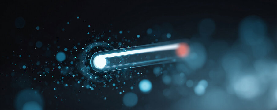 Sleek, futuristic gauge with a luminous needle pointing towards a red zone. Conceptual for progress, risk, technology, measurement, and performance analysis. - Powered by Adobe