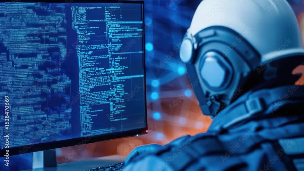 Poster cybersecurity expert analyzing data on computer screen in futuristic environment with digital graphi