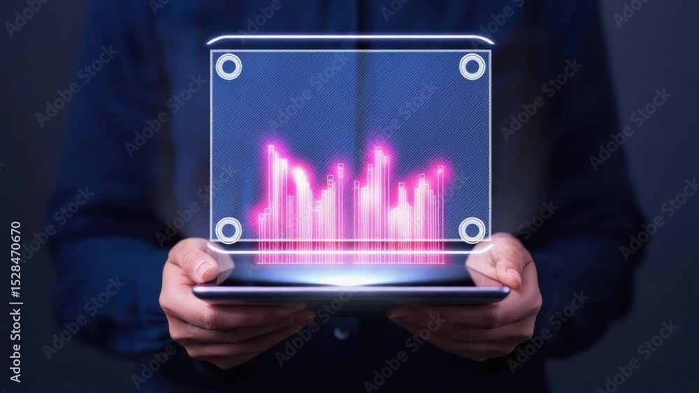Poster hands holding tablet displaying digital graphs and data analysis in a futuristic technological envir