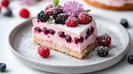 A delightful berry cake adorned with an array of fresh raspberries and blackberries, dusted with powdered sugar, offers a visually appealing and delicious dessert option.
